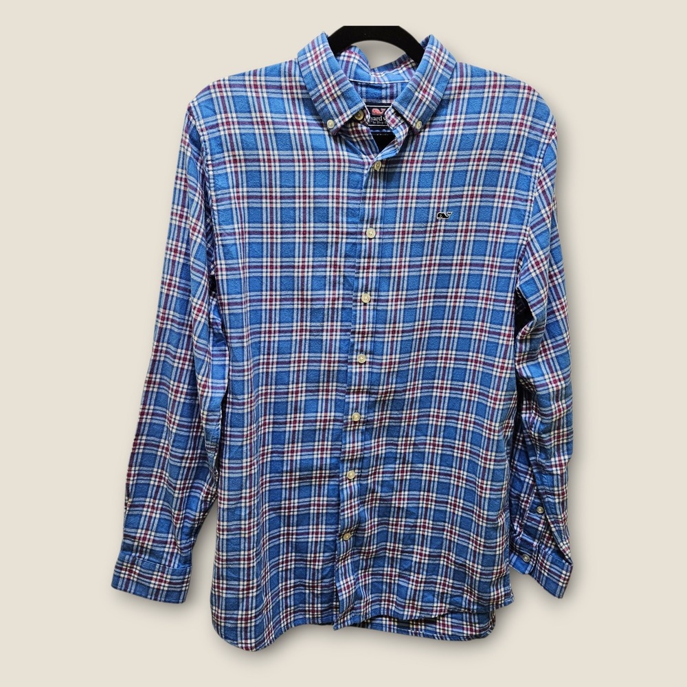 Vineyard Vines Whale Shirt Kids XL(18) Blue Red White Plaid Flannel Button Down‎